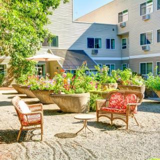 A sunny courtyard garden with chairs and tables in an apartment complex.