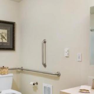 A clean and accessible bathroom with a grab bar, toilet, and wall-mounted artwork.