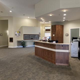 A modern reception area with a spacious desk and seating.
