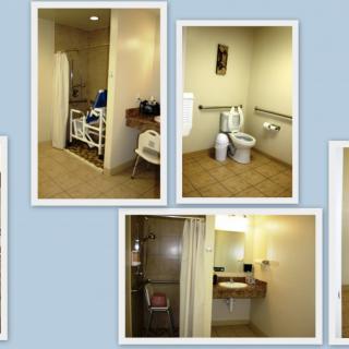A collage of images showcasing a hospital room and accessible bathroom facilities.