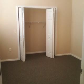 An empty room with an open closet and carpeted flooring.