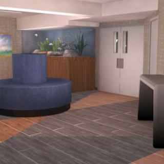 A modern lobby featuring a circular seating area and contemporary decor.