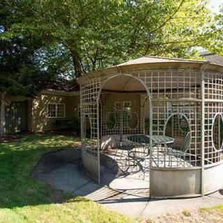 A charming outdoor gazebo surrounded by greenery and shaded by trees.