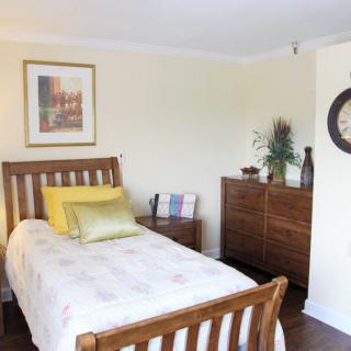 A cozy bedroom with a single wooden bed, decorative pillows, and a dresser adorned with plants and art.