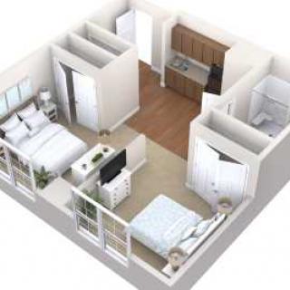 3D rendered floor plan of a small apartment layout with two beds and a kitchen area.