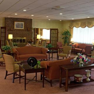 A cozy lounge area with sofas, chairs, and coffee tables, decorated with plants and lamps.