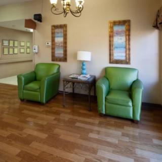 A cozy waiting area with two green armchairs and a lamp on a wooden floor.
