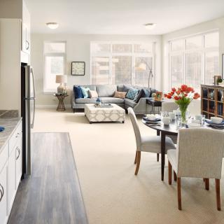 A spacious and modern open-plan living room and dining area with ample natural light.