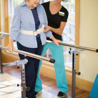A healthcare professional assists an elderly person with physical therapy using parallel bars.