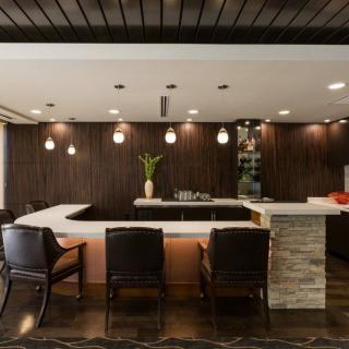 A modern kitchen with a sleek bar counter and stylish seating area, complemented by contemporary lighting.