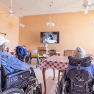 Elderly individuals in wheelchairs watching television in a community room of a nursing home.
