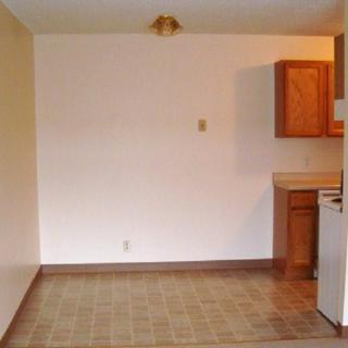 An empty apartment interior with kitchen cabinets and a white wall.