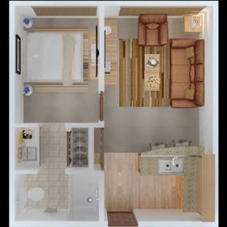 A top view of a compact apartment floor plan featuring a living room, bedroom, kitchen, and bathroom.