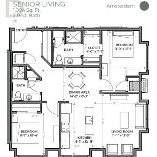 Floor plan of a senior living apartment measuring 1,058 square feet with 2 bedrooms and 2 baths.