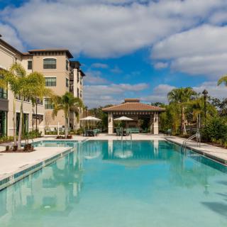A luxurious outdoor swimming pool surrounded by a modern apartment complex and palm trees under a clear blue sky.
