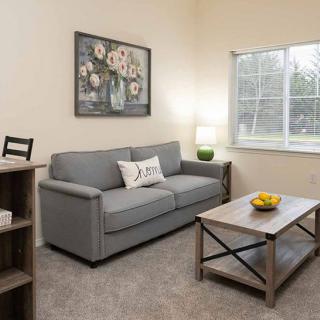 A cozy living room with a gray sofa, artwork on the wall, a rustic coffee table, and a well-lit window.