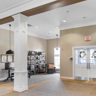 A modern lobby with neutral tones and stylish decor.