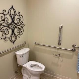 An accessible bathroom with decorative wall art and grab bars.