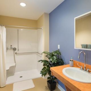 A modern bathroom with a blue accent wall, featuring a shower area and an orange countertop sink.