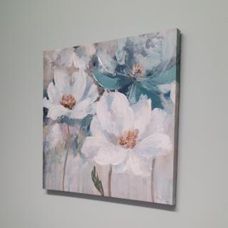 A serene and elegant floral painting featuring white flowers with delicate blue accents.
