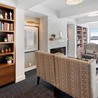 A cozy living room with bookshelves, a fireplace, and modern seating.