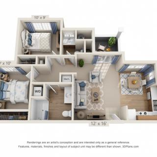 A 3D-rendered floor plan of a two-bedroom apartment showcasing interior design details.