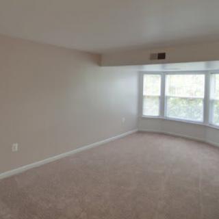 An empty room with carpet flooring and a bright bay window.