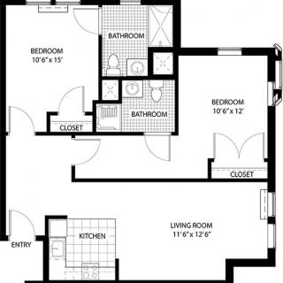 A floor plan of a two-bedroom apartment with designated kitchen, living room, and bathroom areas.