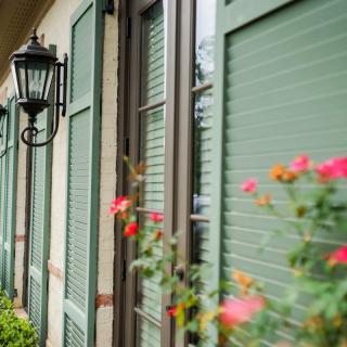 A row of windows with green shutters, adorned by vibrant flowers and a vintage wall lamp.