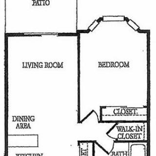 A floor plan of an apartment featuring a living room, bedroom, kitchen, dining area, walk-in closet, bathroom, and patio.