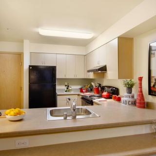 A modern kitchen with contemporary decor and appliances.