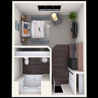 A compact apartment floor plan showcasing a bedroom, bathroom, and living area with modern furnishings.