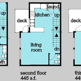 Three-floor residential layout with labeled areas for bath, living room, kitchen, and deck.