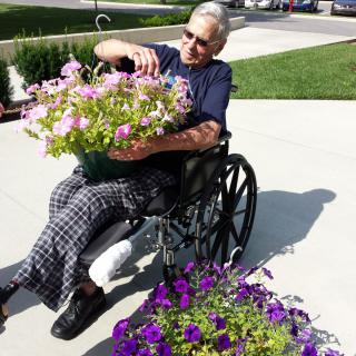 An elderly person in a wheelchair enjoying gardening on a sunny day.