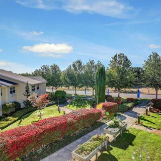 A serene garden view with a house, surrounded by trees and colorful bushes under a partly cloudy sky.