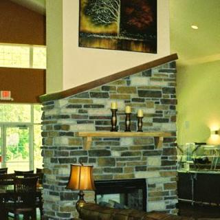 A cozy lobby featuring a stone fireplace and modern artwork.