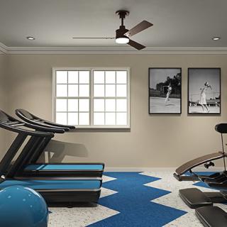A modern home gym with exercise equipment including treadmills and a bench, featuring stylish interior design.