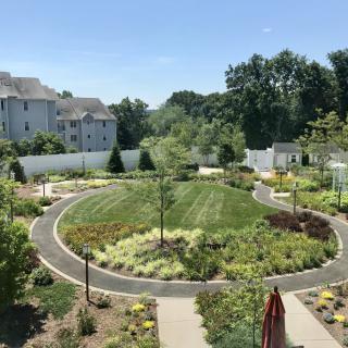 A beautifully landscaped garden featuring a circular pathway surrounded by various plants and trees.