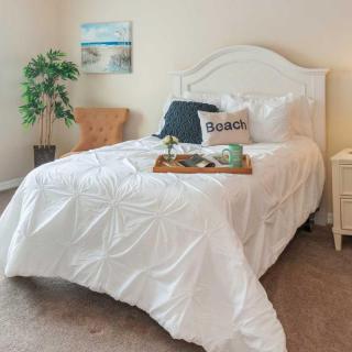 A cozy bedroom featuring a neatly arranged bed with white bedding and decorative pillows, complemented by a nightstand, a green plant, and a tray with tea items.