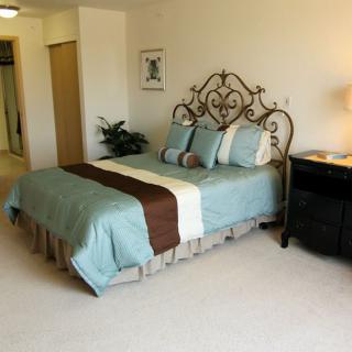 A neatly arranged bedroom with a decorative wrought iron headboard, featuring a bed adorned with blue and brown bedding, flanked by a bedside table with a lamp.