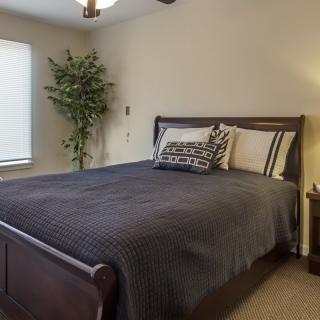 A cozy bedroom with a neatly made bed, decorative pillows, and a potted plant by the window.
