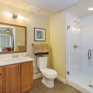 A modern bathroom with a shower, toilet, and wooden vanity.