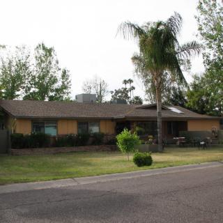 A suburban house with a palm tree in the front yard.