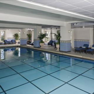 A serene indoor swimming pool area with lounge chairs and potted plants.