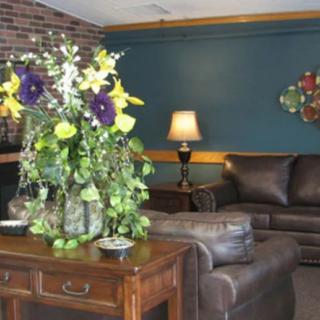 A cozy living room with a comfortable couch, vibrant floral arrangement, and a warm lamp.