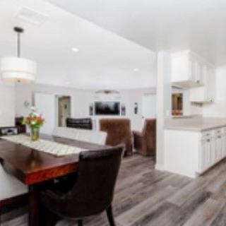 A modern open-concept dining and kitchen area with sleek furnishings and contemporary decor.