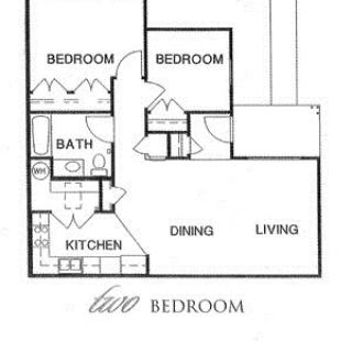 A floor plan of a two-bedroom apartment featuring bedrooms, a bathroom, kitchen, dining, and living areas.