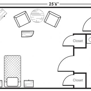 A floor plan of a bedroom featuring furniture layout and closet spaces.