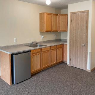 A compact kitchen featuring wooden cabinets and a mini fridge, with a carpeted floor.