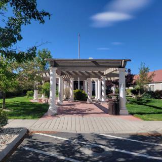 A scenic pergola in a well-maintained garden on a sunny day.